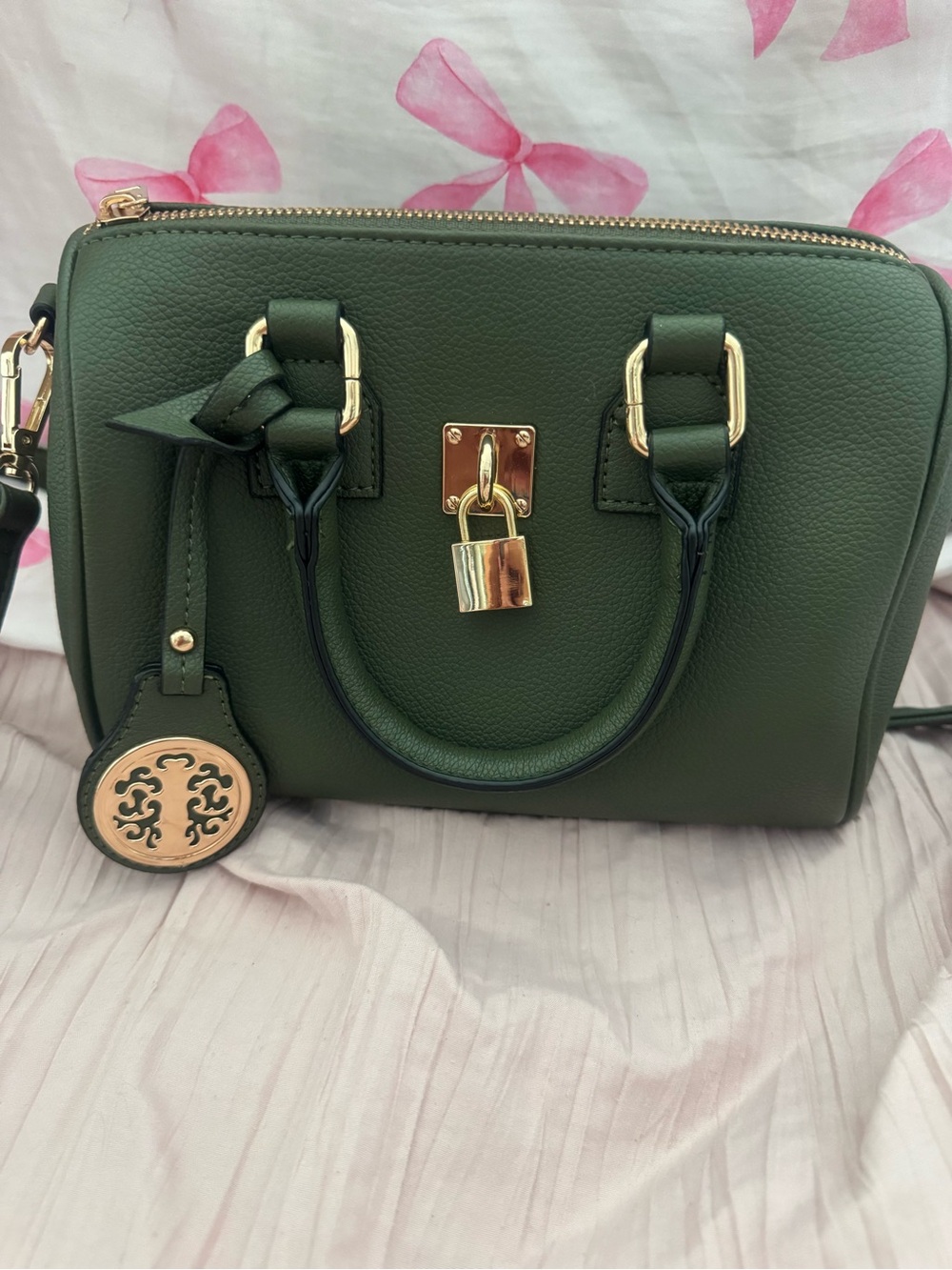 Women's Olive Green Satchel Handbag with Gold Hardware
